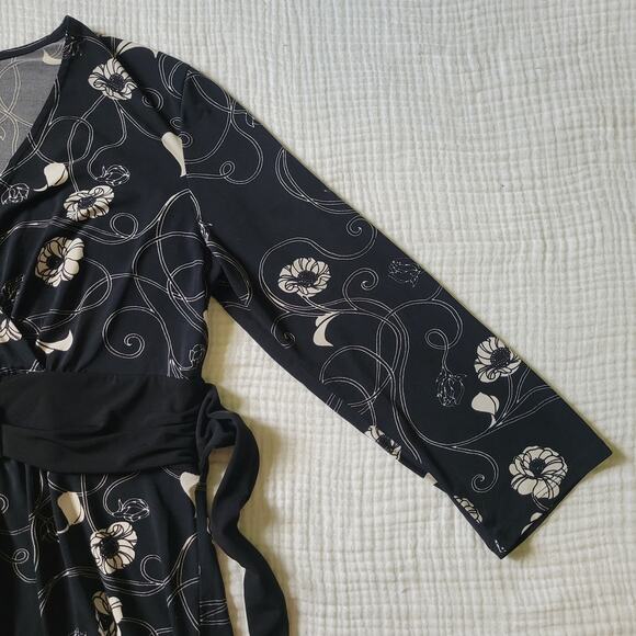 Y2K Apt. 9 Womens M Black Floral Wrap Top V Neck Blouse Waist Tie Boho Long - Picture 4 of 5